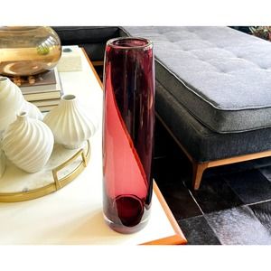 Mid Century Tall Cylindrical Amethyst Vase with Clear Base